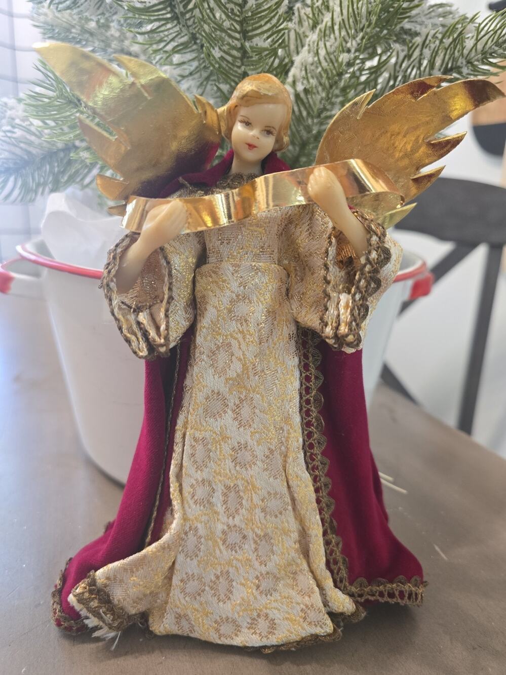 VTG West German Wax, Angel Tree, Topper, Burgundy/gold 9in Original Box